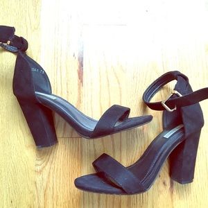 Black velvet ankle strap heel